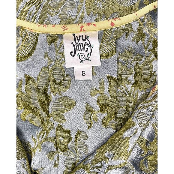 Ivy Jane Jacquard Coat Balloon Sleeves Jacket Green Blue Jeweled Buttons Size: S - Picture 7 of 7